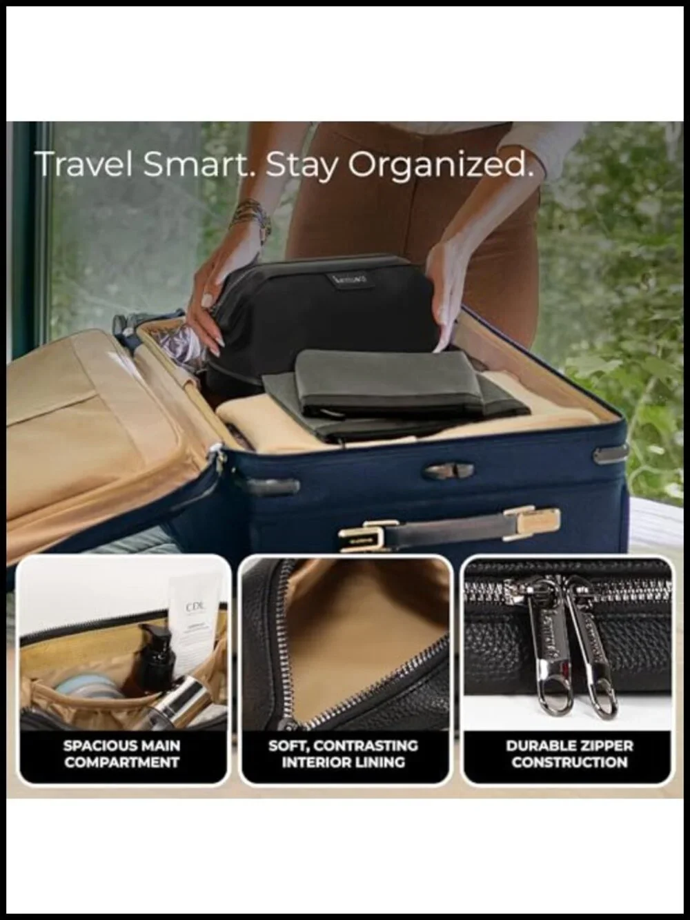 Water-Resistant Faux Leather Double-Layer Travel Toiletry Bag Cosmetic Organizer